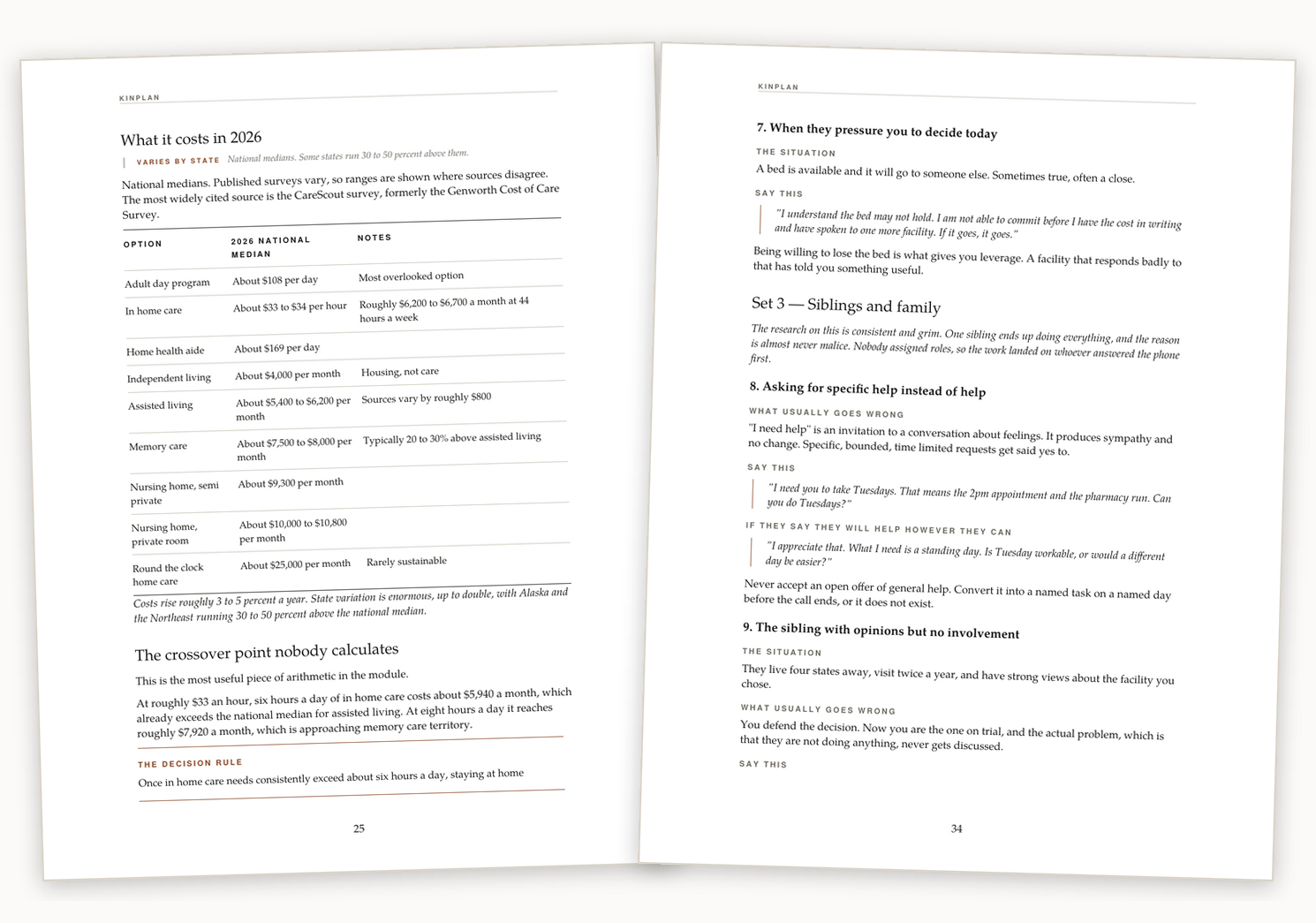 Interior pages showing the 2026 cost table and the conversation scripts